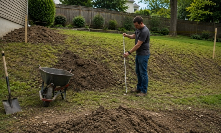 Homeowner measuring the elevation drop across a sloping backyard with stakes and string.