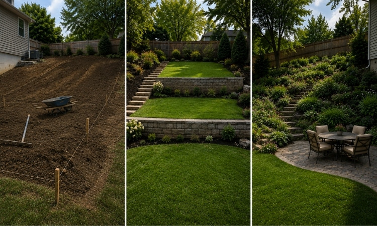 Split-screen view showing backyard regrading, terracing and a partially leveled landscaped slope.