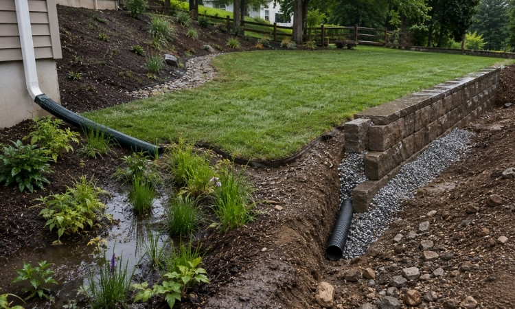 Backyard drainage system with swale, rain garden, retaining wall gravel and perforated drain pipe.