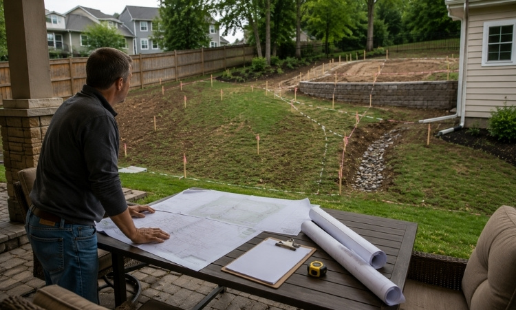 Contractor reviewing site plans beside a marked sloping backyard with a planned retaining wall.