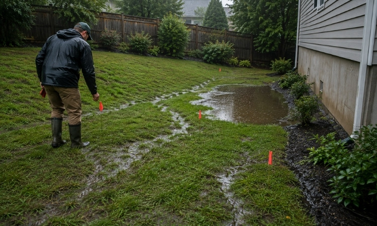 Homeowner observing rainwater runoff and pooling in a sloping backyard before leveling
